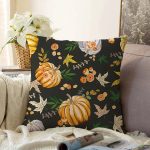 - Sonil-K-8629-Gorsel1 - Realhomes  Siyah Zeminli Bal Kabağı Desenli Dijital Baskılı Modern Raşel Kadife Yastık Kırlent Kılıfı Realhomes