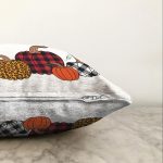 Beyaz Zemin Üzerinde Ekoseli Balkabakları Raşel Kadife Yastık Kırlent Kılıfı Realhomes