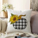 Beyaz Zemin Üzerinde Ayçiçek Desenli Ekoseli Balkabağı Raşel Kadife Yastık Kırlent Kılıfı Realhomes