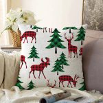 Beyaz Zemin Üzerinde Çam Ağaçli Ekoseli Geyik Motifli Raşel Kadife Yastık Kırlent Kılıfı Realhomes