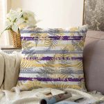 - Sonil-K-8667-Gorsel1 - Realhomes Beyaz Zemin Üzerinde Renkli Çizgili Yaprak Desenli Modern Raşel Kadife Yastık Kırlent Kılıfı Realhomes