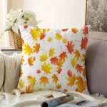Beyaz Zeminli Sonbahar Yaprak Desenli Dijital Baskılı Modern Raşel Kadife Yastık Kırlent Kılıfı Realhomes
