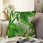 - Sonil-K-8681-Gorsel1 - Realhomes  Beyaz Zemin Üzerinde Yeşil Yaprak Desenli Raşel Kadife Yastık Kırlent Kılıfı Realhomes