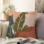 - Sonil-K-8683-Gorsel1 - Realhomes  Pastel Zemin Üzerinde Onedraw Çizimli Yaprak Desenli Raşel Kadife Yastık Kırlent Kılıfı Realhomes