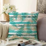 Beyaz Zemin Üzerinde Yeşil Çizgili Yaprak Desenli Modern Raşel Kadife Yastık Kırlent Kılıfı Realhomes