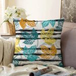 Beyaz Zemin Üzerinde Siyah Çizgili Renkli Yaprak Desenli Raşel Kadife Yastık Kırlent Kılıfı Realhomes