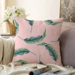- Sonil-K-8699-Gorsel1 - Realhomes Pastel Zeminli Yeşil Yaprak Desenli Dijital Baskılı Modern Raşel Kadife Yastık Kırlent Kılıfı Realhomes