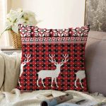 Kırmızı Ekose Desenli Geyik Motifli Dijital Baskılı Modern Raşel Kadife Yastık Kırlent Kılıfı Realhomes