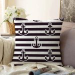 Beyaz Zemin Üzerinde Siyah Çizgili Çapa Desenli Modern Raşel Kadife Yastık Kırlent Kılıfı Realhomes