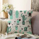 Renkli Zemin Üzerinde Kaktüs Desenli Dijital Baskılı Modern Raşel Kadife Yastık Kırlent Kılıfı Realhomes