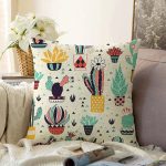 - Sonil-K-8866-Gorsel1 - Realhomes  Renkli Zeminli Sevimli Kaktüs Desenli Dijital Baskılı Modern Raşel Kadife Yastık Kırlent Kılıfı Realhomes