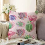 Renkli Zemin Üzerinde Kaktüs Desenli Dijital Baskılı Modern Raşel Kadife Yastık Kırlent Kılıfı Realhomes