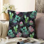 Siyah Zemin Üzerinde Kaktüs Desenli Dijital Baskılı Modern Raşel Kadife Yastık Kırlent Kılıfı Realhomes