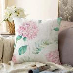 Beyaz Zeminli Yeşil Yapraklı Ortanca Çiçek Dijital Baskılı Modern Raşel Kadife Kırlent Kılıfı Realhomes