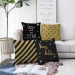 - Sonil-K4luset360-Gorsel1 - Realhomes 4'lü Çift Taraflı Siyah Zemin Üzerinde Gold Detaylı Modern Şönil Yastık Kırlent Kılıf Seti Realhomes