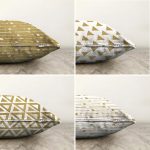4'lü Çift Taraflı Renkli Zemin Üzerinde Gold Detaylı Geometrik Desenli Modern Şönil Yastık Kırlent Kılıf Seti Realhomes