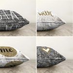 4'lü Çift Taraflı Renkli Zemin Üzerinde Gold Detaylı Yazılı Modern Şönil Yastık Kırlent Kılıf Seti Realhomes