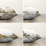 4'lü Çift Taraflı Beyaz Zemin Üzerinde Gold Detaylı Yaprak Desenli Modern Şönil Yastık Kırlent Kılıf Seti Realhomes