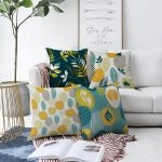 4'lü Çift Taraflı Renkli Zemin Üzerinde Yaprak Desenli Modern Şönil Yastık Kırlent Kılıf Seti Realhomes