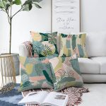 - Sonil-K4luset408-Gorsel1 - Realhomes  4'lü Çift Taraflı Renkli Zemin Üzerinde Onedraw Çizimli Yaprak Desenli Modern Şönil Yastık Kırlent Kılıf Seti Realhomes
