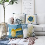 - Sonil-K4luset444-Gorsel1 - Realhomes 4'lü Çift Taraflı Renkli Zemin Üzerinde Gold Detaylı Yaprak Desenli Modern Şönil Yastık Kırlent Kılıf Seti Realhomes