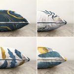 4'lü Çift Taraflı Renkli Zemin Üzerinde Gold Detaylı Yaprak Desenli Modern Şönil Yastık Kırlent Kılıf Seti Realhomes