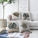 - Sonil-K4luset458-Gorsel1 - Realhomes  4'lü Çift Taraflı Renkli Zemin Üzerinde Onedraw Çizimli Yaprak Desenli Modern Şönil Yastık Kırlent Kılıf Seti Realhomes