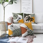 - Sonil-K4luset459-Gorsel1 - Realhomes  4'lü Çift Taraflı Beyaz Zemin Üzerinde Renkli Yaprak Desenli Modern Şönil Yastık Kırlent Kılıf Seti Realhomes