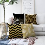 4'lü Çift Taraflı Renkli Zemin Üzerinde Gold Detaylı Geometrik Desenli Modern Şönil Yastık Kırlent Kılıf Seti Realhomes