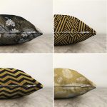 4'lü Çift Taraflı Renkli Zemin Üzerinde Gold Detaylı Geometrik Desenli Modern Şönil Yastık Kırlent Kılıf Seti Realhomes