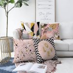 - Sonil-K4luset566-Gorsel1 - Realhomes 4'lü Çift Taraflı Renkli Zemin Üzerinde Gold Detaylı Yaprak Desenli Modern Şönil Yastık Kırlent Kılıf Seti Realhomes