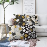 - Sonil-K4luset583-Gorsel1 - Realhomes  4'lü Çift Taraflı Renkli Zemin Üzerinde Gold Detaylı Yaprak Desenli Modern Şönil Yastık Kırlent Kılıf Seti Realhomes