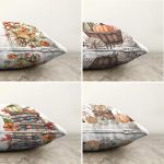 Çift Taraflı 4'lü Sepetli Kabak Konsept Dijital Baskılı Modern Şönil Yastık Kırlent Kılıfı Realhomes