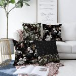 4'lü Çift Taraflı Siyah Zemin Üzerinde Çiçek Desenli Modern Şönil Yastık Kırlent Kılıf Seti Realhomes