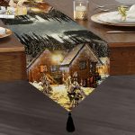 Kış Manzarası Otantik Temalı Dijital Baskılı Dekoratif Püsküllü Şönil Üçgen Runner Realhomes