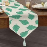 - UcgenRunner-2073-Gorsel1 - Realhomes Beyaz Temalı Mint Yeşili Yaprak Motifli Dekoratif Püsküllü Şönil Üçgen Runner Realhomes