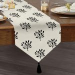 - UcgenRunner-2074-Gorsel1 - Realhomes  Siyah Beyaz Yaprak Motifli Dekoratif Püsküllü Şönil Üçgen Runner Realhomes