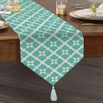 - UcgenRunner-2189-Gorsel1 - Realhomes  Turkuaz Renkli Yonca Desenli Dijital Baskılı Püsküllü Şönil Üçgen Runner Realhomes