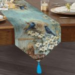 - UcgenRunner-224-Gorsel1 - Realhomes Mavi Kuş Desen Dijital Baskılı Dekoratif Püsküllü Şönil Üçgen Runner Realhomes