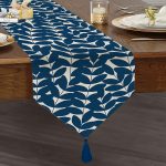 - UcgenRunner-2256-Gorsel1 - Realhomes Lacivert Yaprak Desenli Dijital Baskılı Dekoratif Püsküllü Şönil Üçgen Runner Realhomes