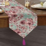 - UcgenRunner-2350-Gorsel1 - Realhomes  Mavi Zeminde Pembe Güller Motifli Dekoratif Püsküllü Şönil Üçgen Runner Realhomes