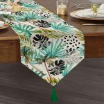 Siyah Puanlı Mavi Palmiye Modern Dijital Baskılı Dekoratif Püsküllü Şönil Üçgen Runner Realhomes