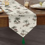 Beyaz Temalı Palmiye Adası Dijital Baskılı Püsküllü Şönil Üçgen Runner Realhomes