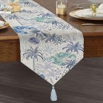 Turkuaz Palmiye Çizimli Dijital Baskılı Püsküllü Şönil Üçgen Runner Realhomes