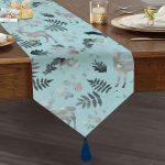 Realhomes Mavi Zeminli Geyik ve Yaprak Desenli Dekoratif Özel Tasarım Püsküllü Şönil Üçgen Runner Realhomes