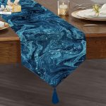 Mavi Ebru Motifleri Dijital Baskılı Püsküllü Şönil Üçgen Runner Realhomes