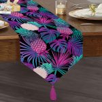 Realhomes Lacivert Tropikal Desenli Dijital Baskılı Özel Tasarım Püsküllü Şönil Üçgen Runner Realhomes