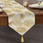 - UcgenRunner-3159-Gorsel1 - Realhomes Beyaz Zeminde Vizon Yapraklar Dijital Baskılı Püsküllü Şönil Üçgen Runner Realhomes