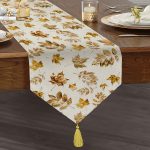 - UcgenRunner-3163-Gorsel1 - Realhomes Beyaz Zeminde Altın Yapraklar Desenli Dijital Baskılı Püsküllü Şönil Üçgen Runner Realhomes