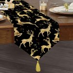 Realhomes Altın Detaylı Geyikler Desenli Modern Özel Tasarım Püsküllü Şönil Üçgen Runner Realhomes